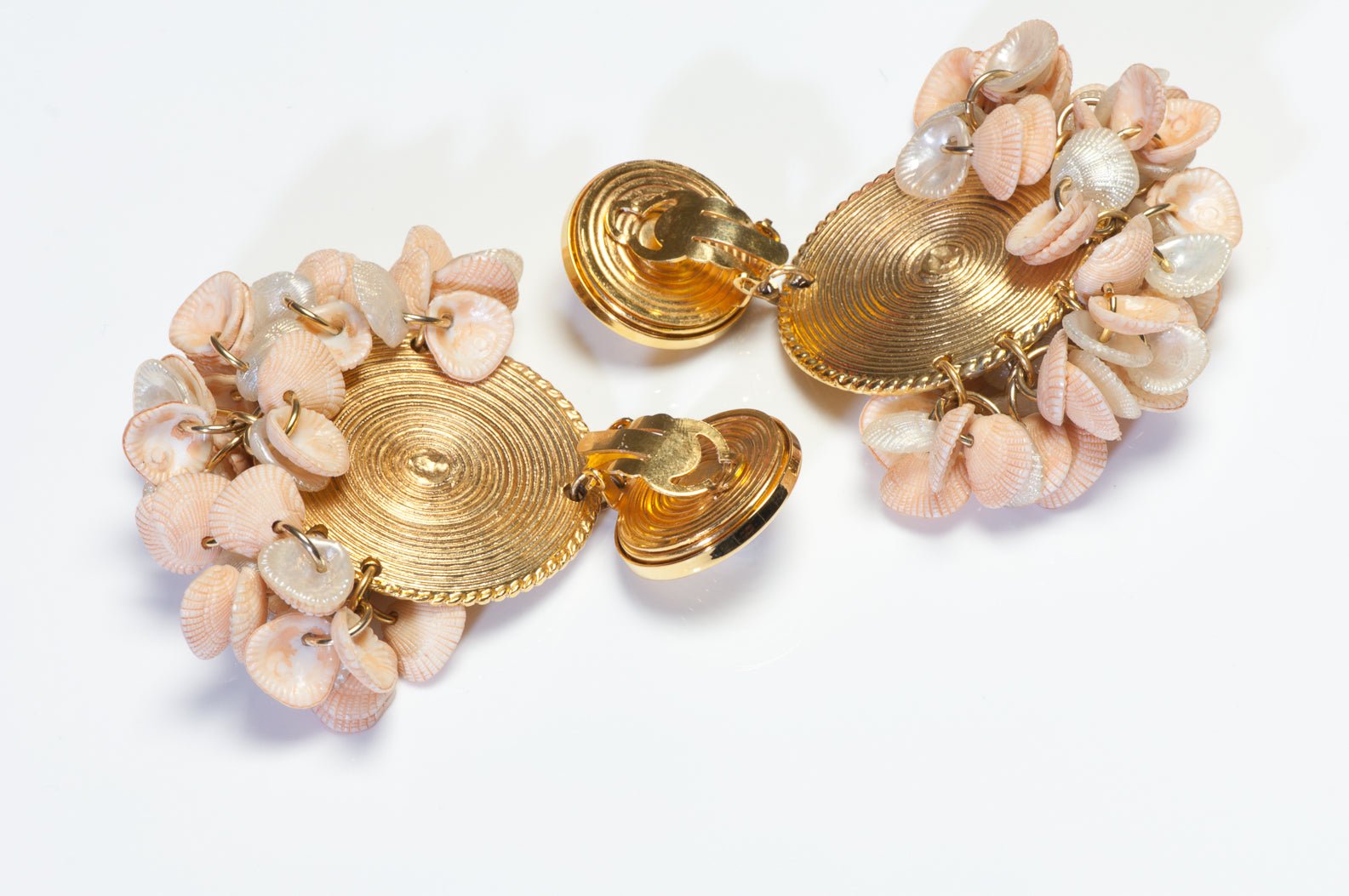 Vintage 1980’s Francoise Montague Paris Long Pink Faux Shell Disc Hoop Earrings