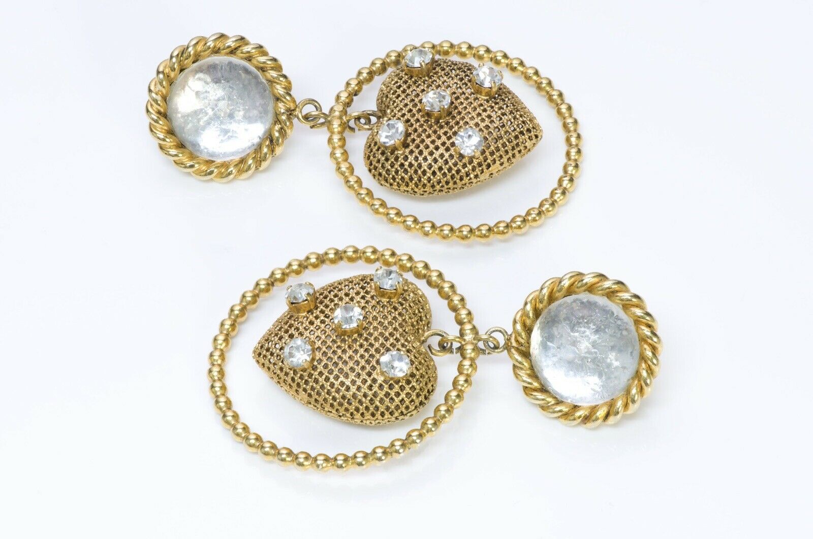 Vintage 1980’s French Glass Crystal Heart Hoop Earrings