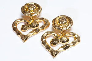 Vintage 1980’s French Gold Plated Hammered Heart Long Earrings