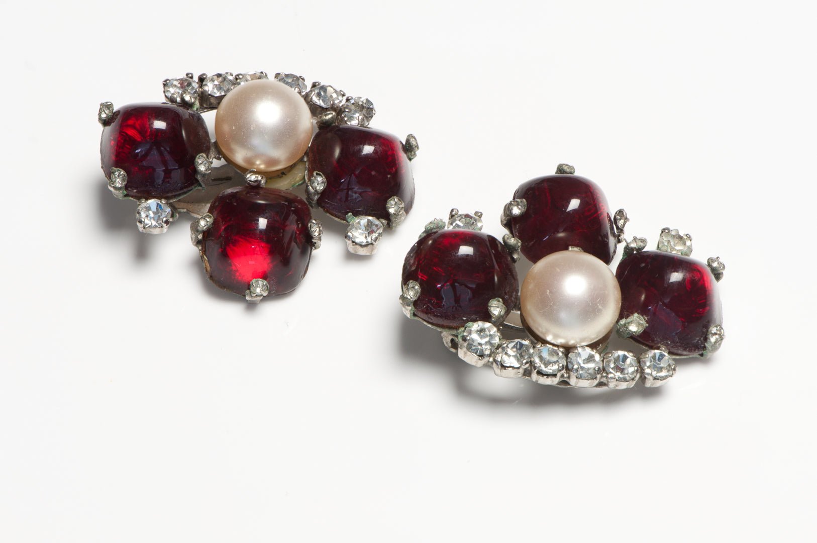 Vintage 1980’s French Red Cabochon Glass Pearl Crystal Earrings