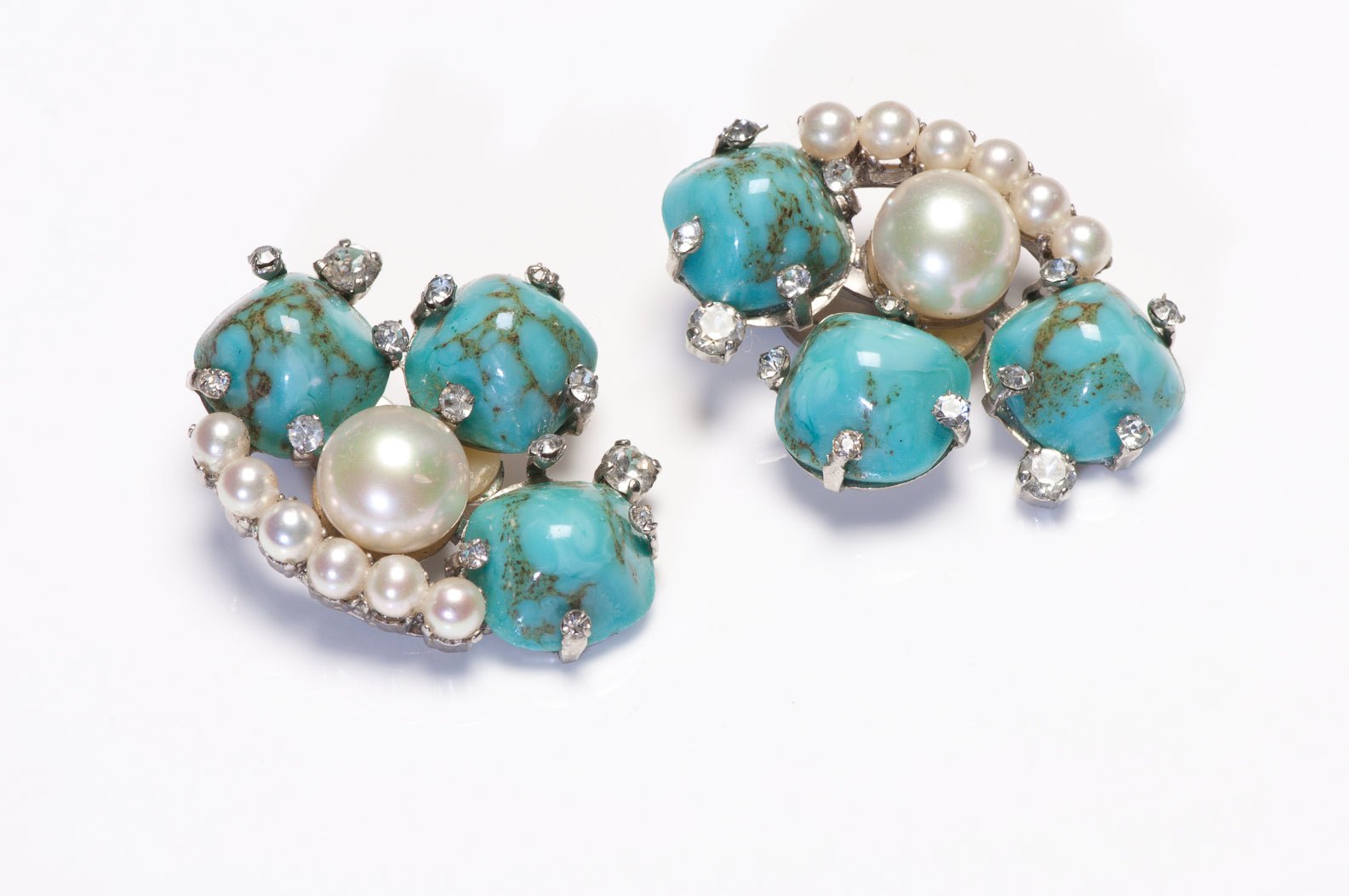 Vintage 1980's French Turquoise Cabochon Glass Pearl Crystal Earrings