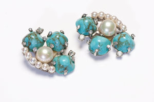 Vintage 1980's French Turquoise Cabochon Glass Pearl Crystal Earrings