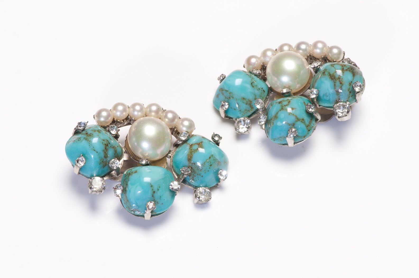 Vintage 1980's French Turquoise Cabochon Glass Pearl Crystal Earrings