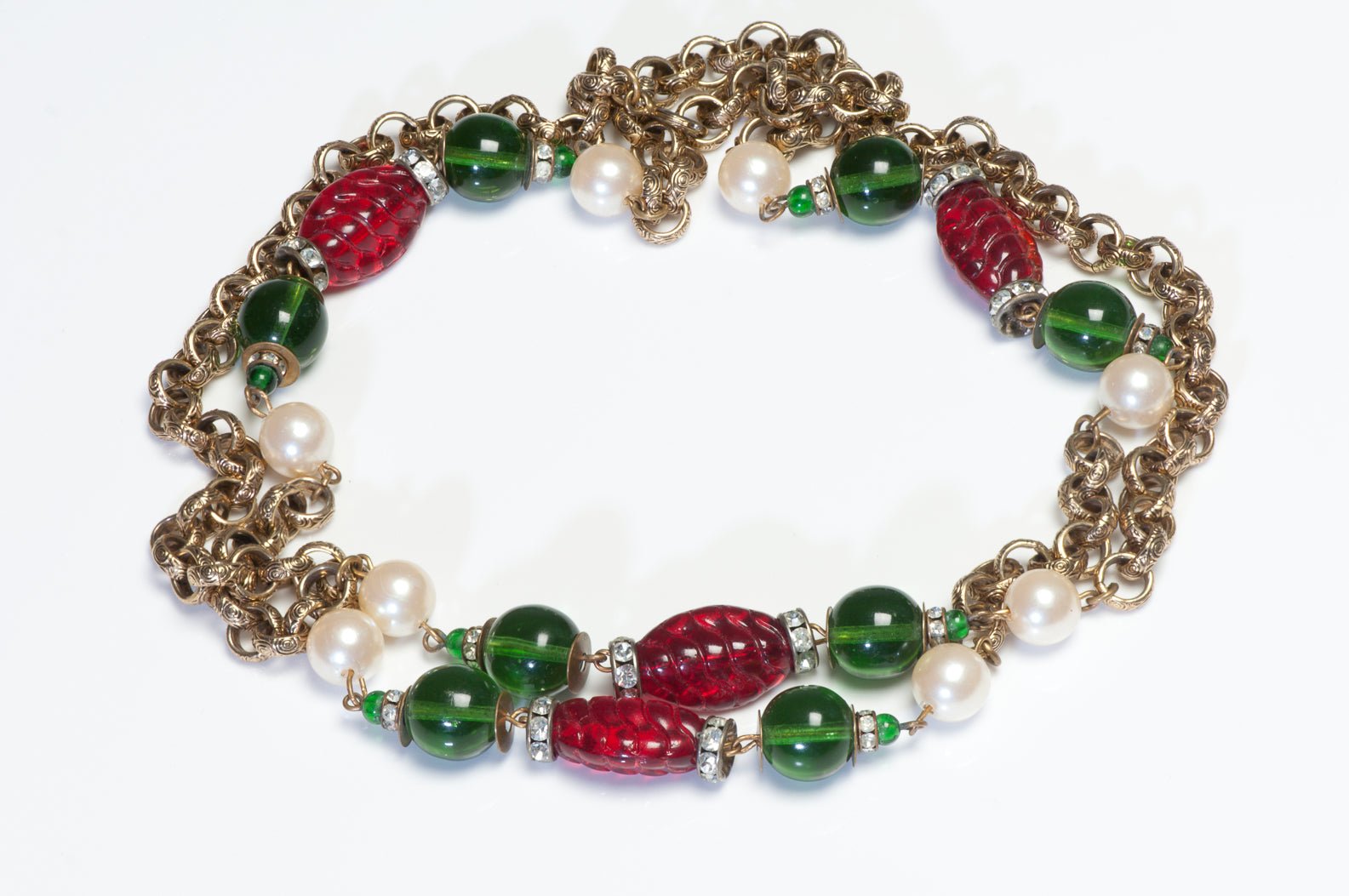 Vintage 1980's Green Red Glass Beads Crystal Chain Sautoir Necklace