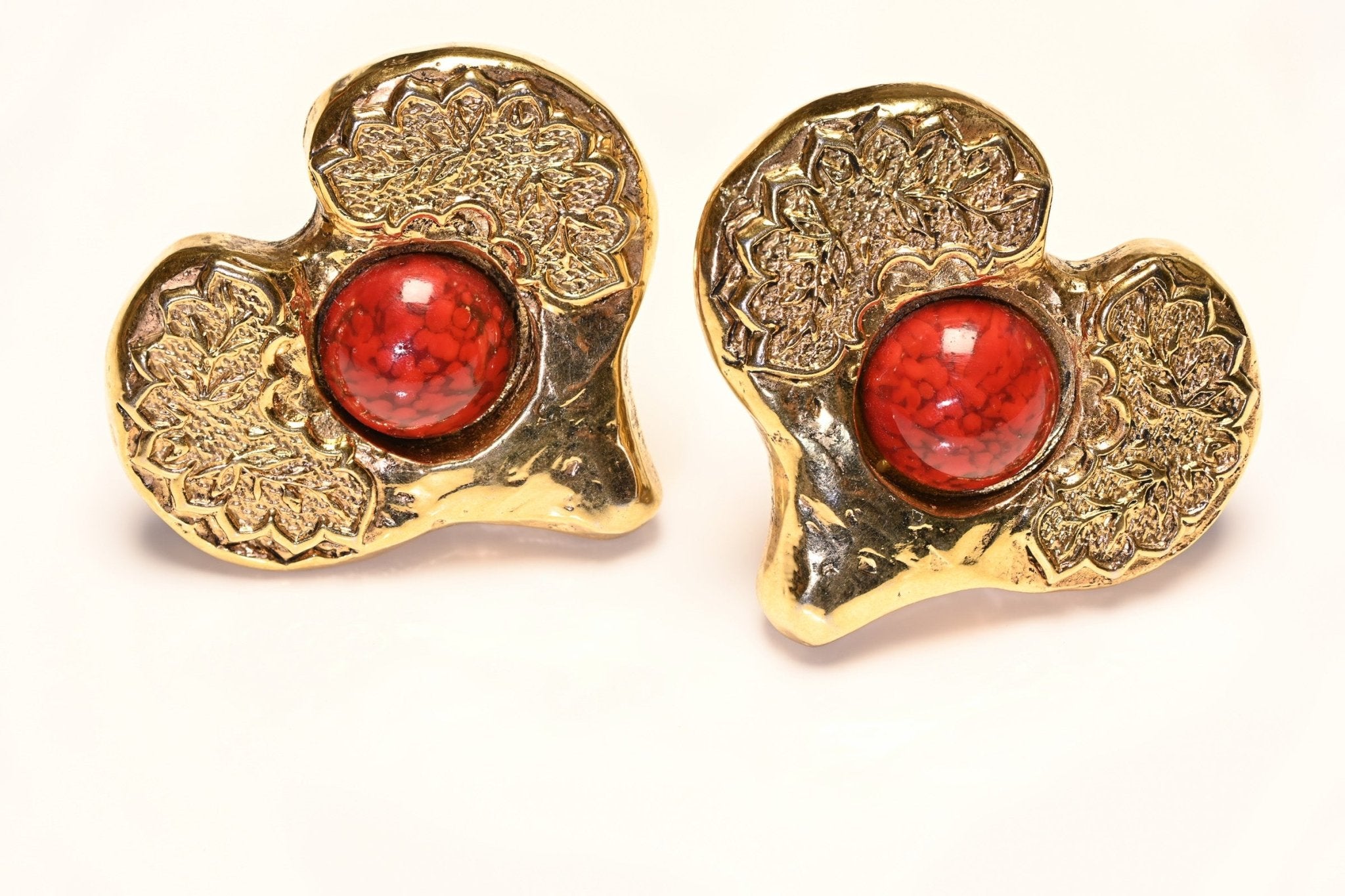 Vintage 1980’s Italian Gold Plated Red Cabochon Ram Heart Earrings
