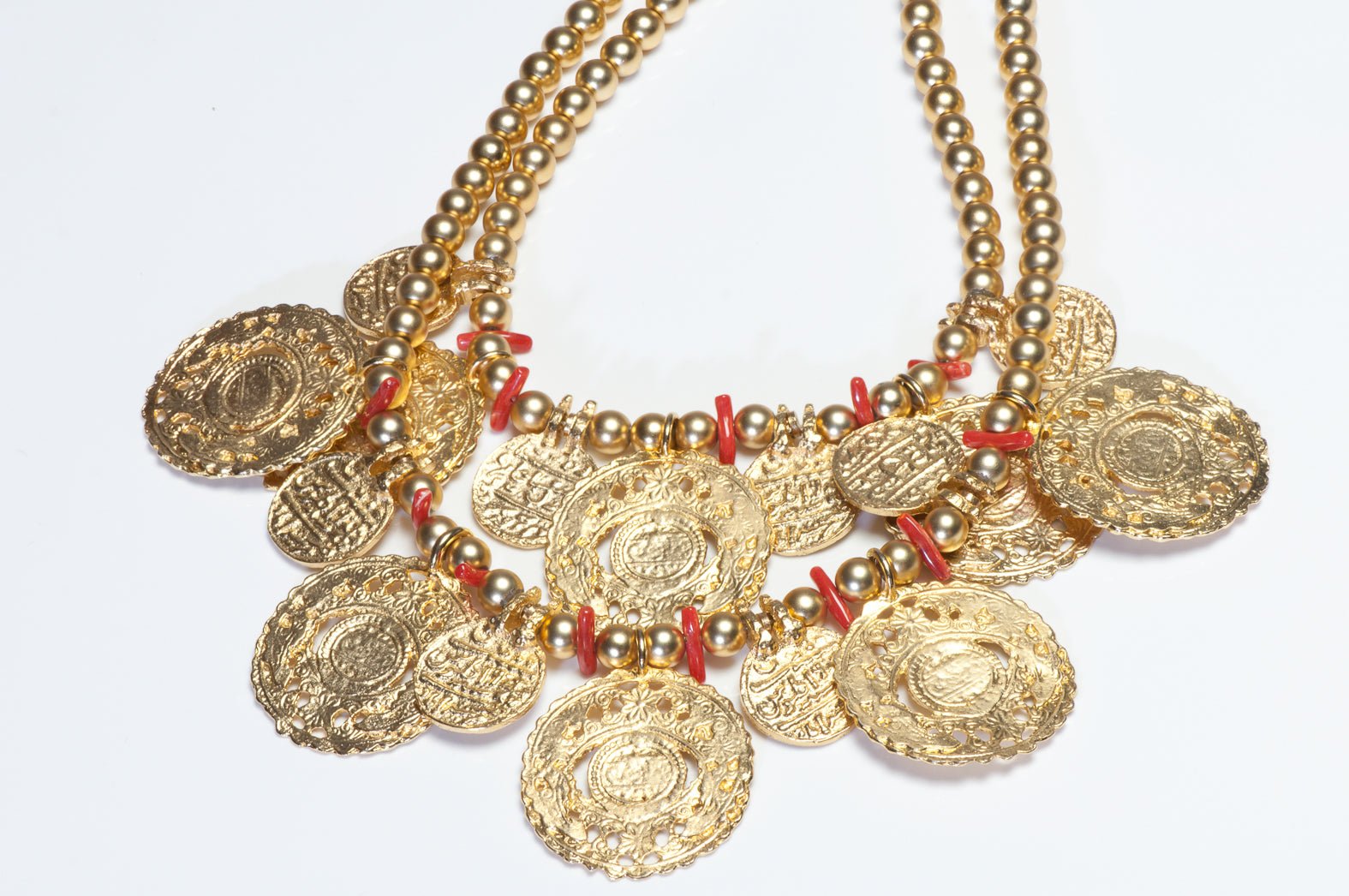 Vintage 1980’s Kenneth Jay Lane KJL Gold Plated Coins Faux Coral Beads Necklace