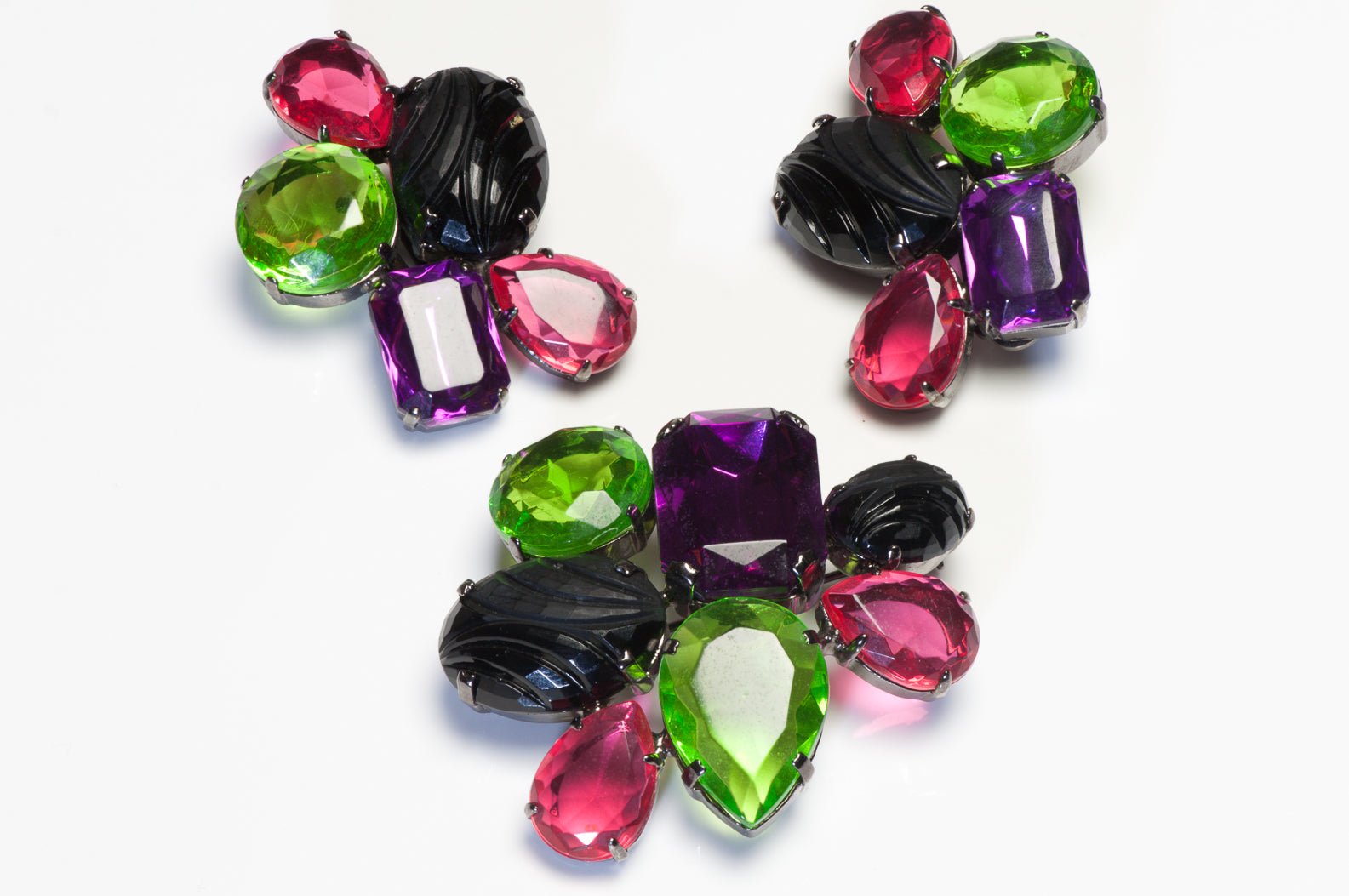 Vintage 1980's Les Bernard Green Purple Black Crystal Earrings Brooch Set