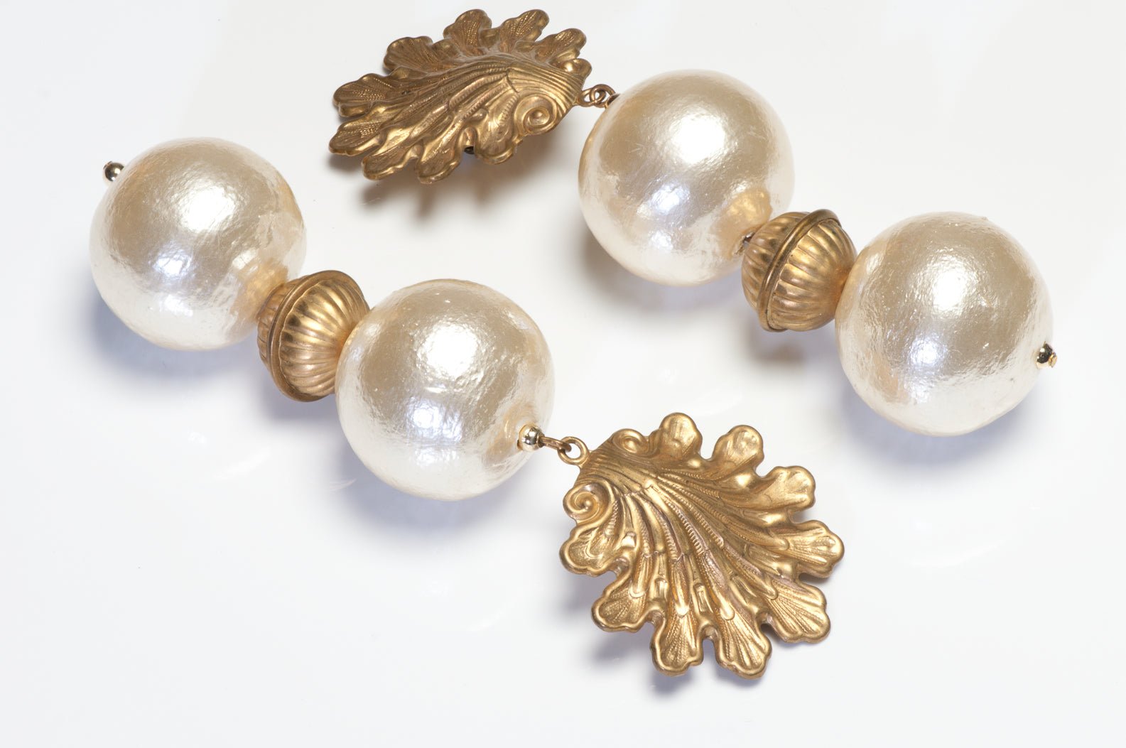 Vintage 1980's Long Cotton Pearl Leaf Drop Earrings
