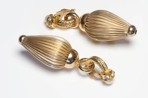 Vintage 1980's Long Gold Plated Crystal Textured Drop Earrings