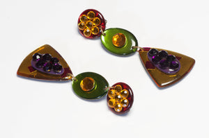 Vintage 1980’s Long Yellow Green Purple Lucite Crystal Earrings