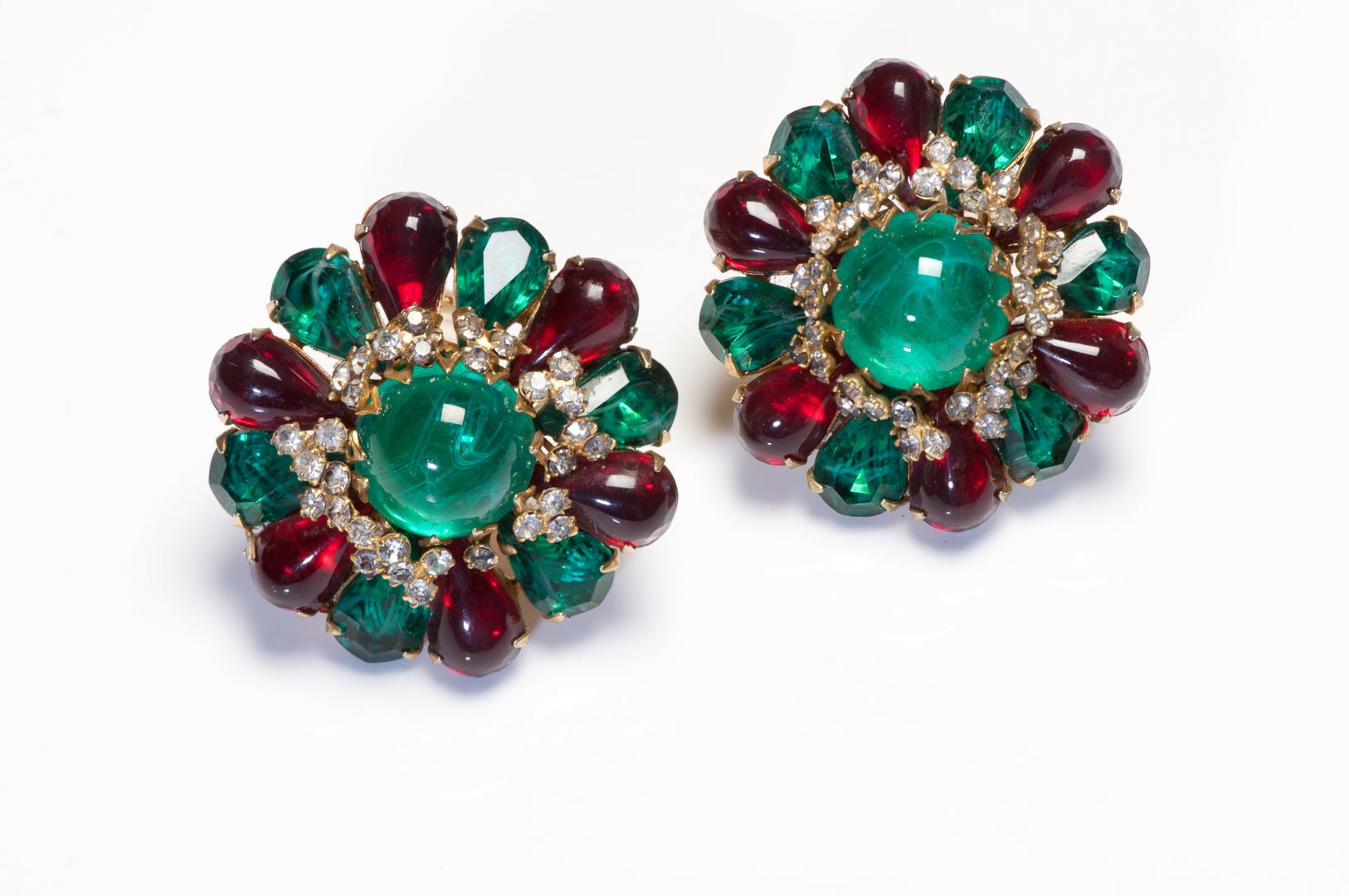 Vintage 1980’s Mughal Style Green Red Cabochon Glass Crystal Flower Earrings