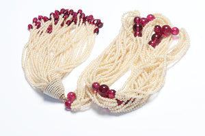 Vintage 1980’s Multi Strand Pearl Red Glass Beads Tassel Flapper Style Necklace