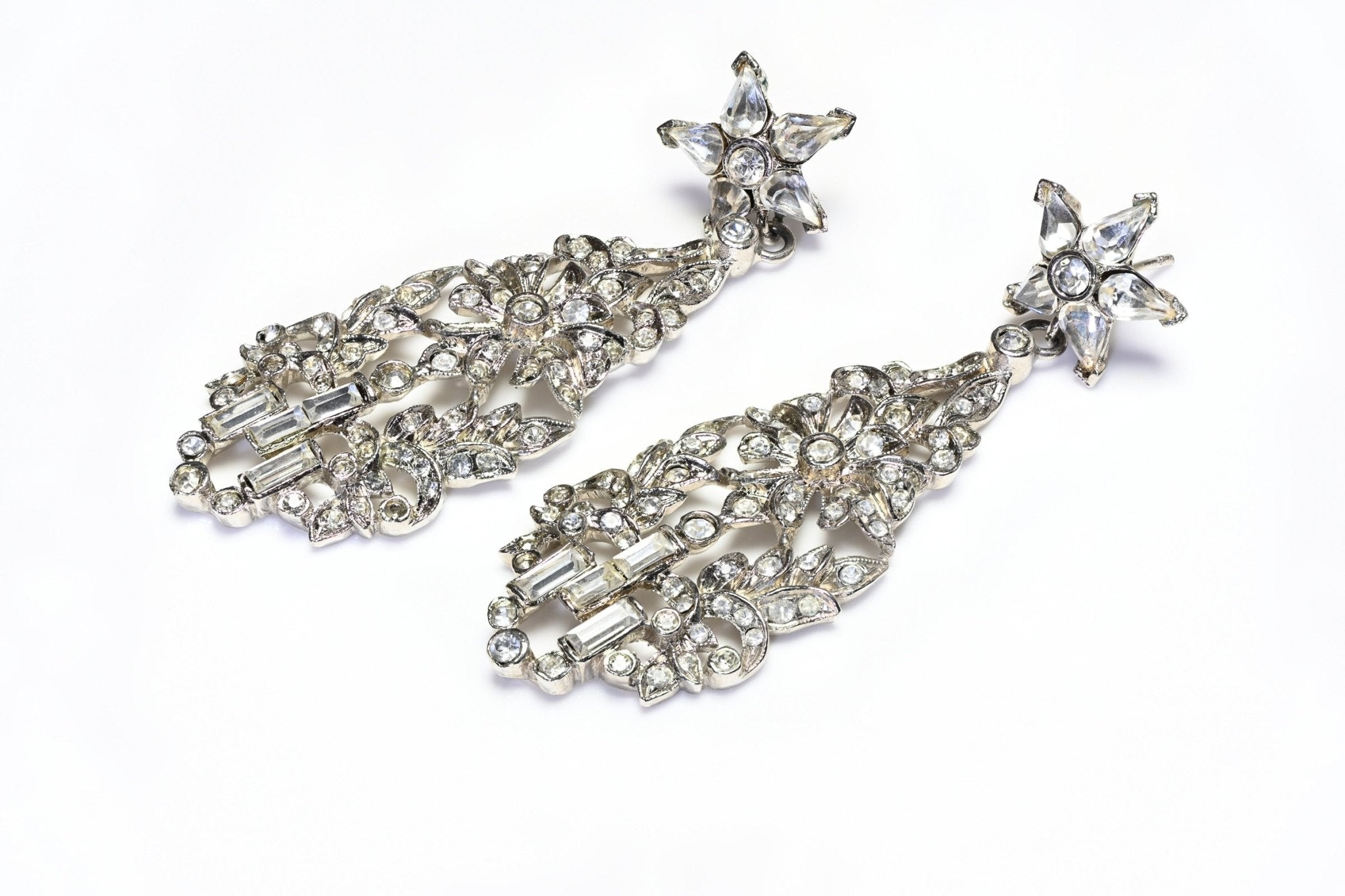 Vintage 1980's Rhodium Plated Crystal Flower Long Earrings