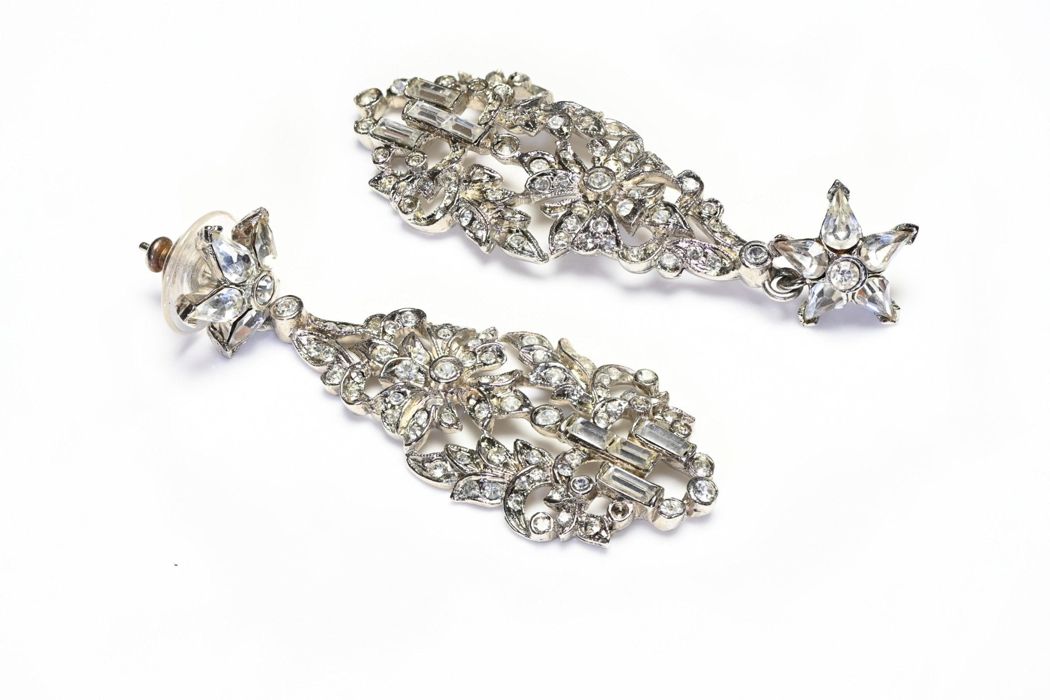 Vintage 1980's Rhodium Plated Crystal Flower Long Earrings