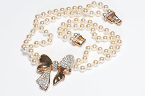 Vintage 1980’s Swarovski Gold Plated Pearl Crystal Bow Necklace