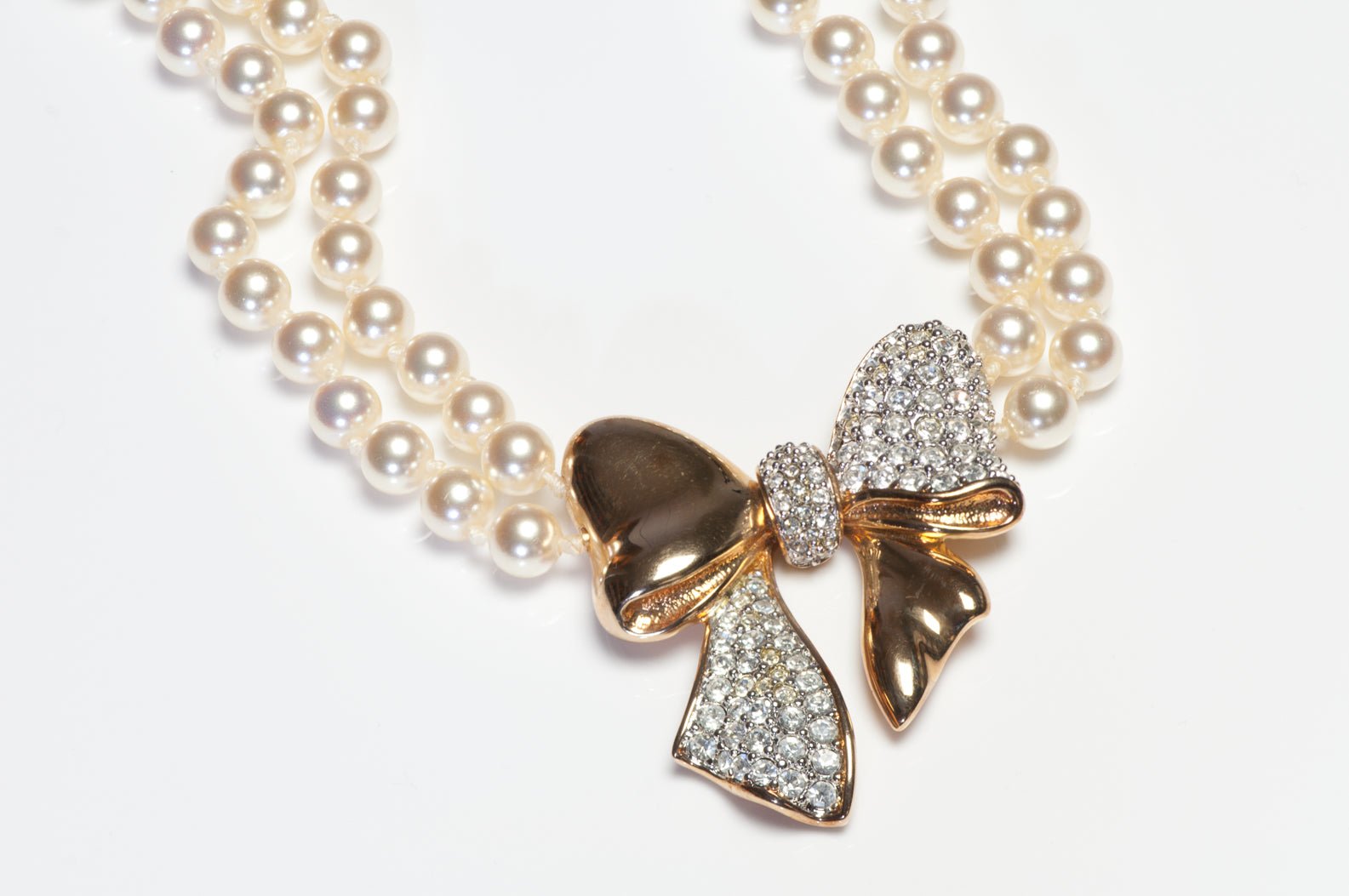 Vintage 1980’s Swarovski Gold Plated Pearl Crystal Bow Necklace