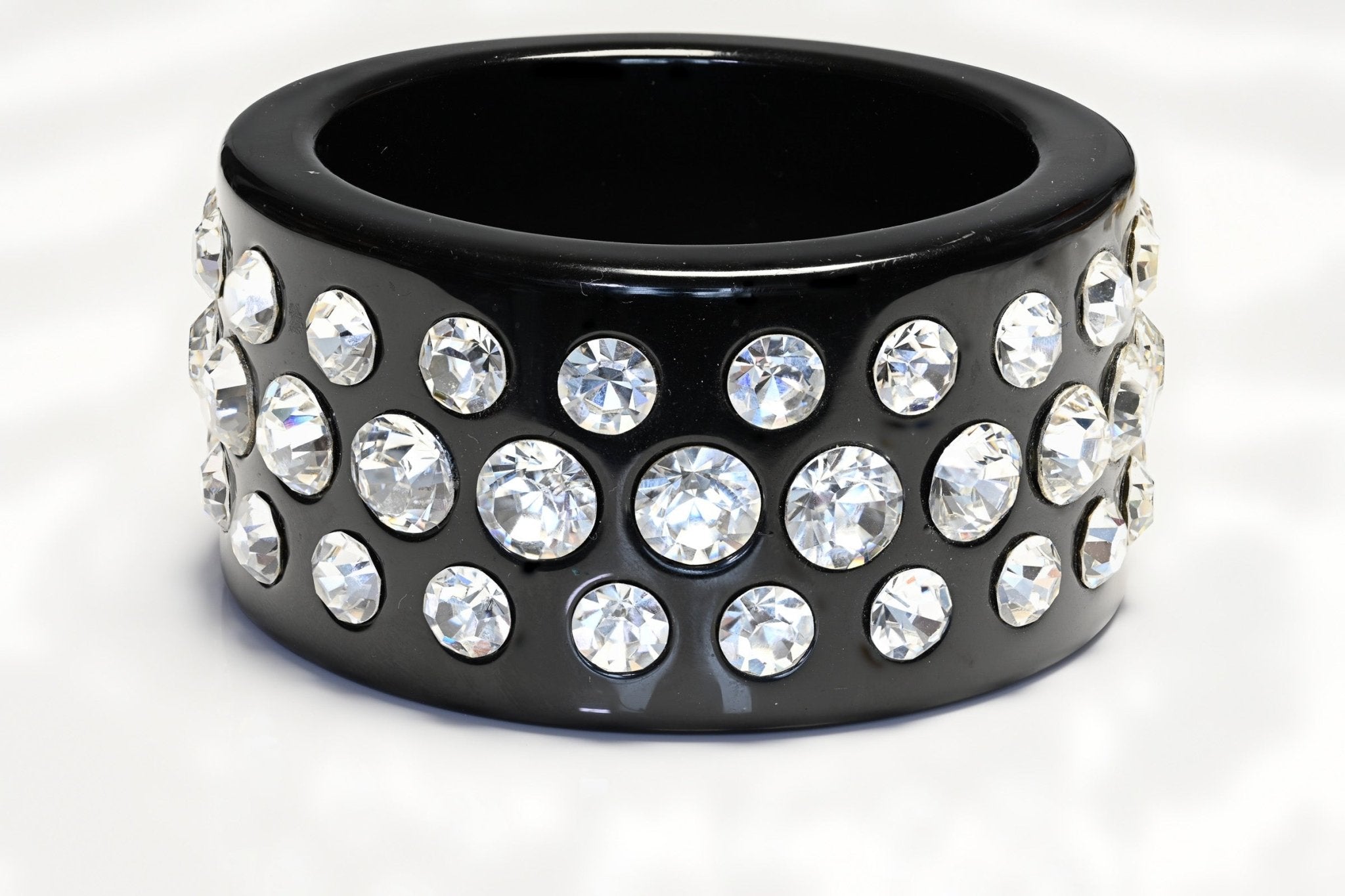 Vintage 1980's Wide Black Resin Headlight Crystal Bangle Bracelet