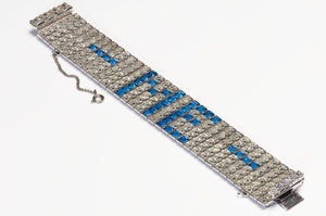 Vintage 1980’s Wide Rhodium Plated Blue Crystal ME Bracelet