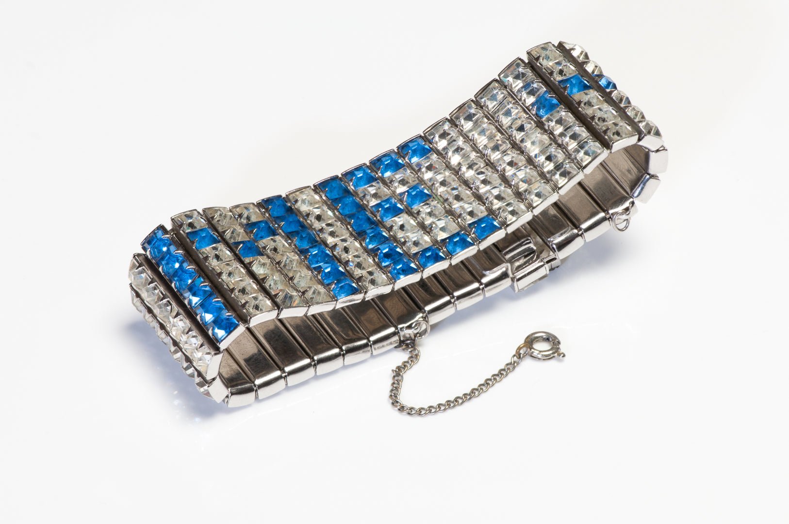 Vintage 1980’s Wide Rhodium Plated Blue Crystal ME Bracelet