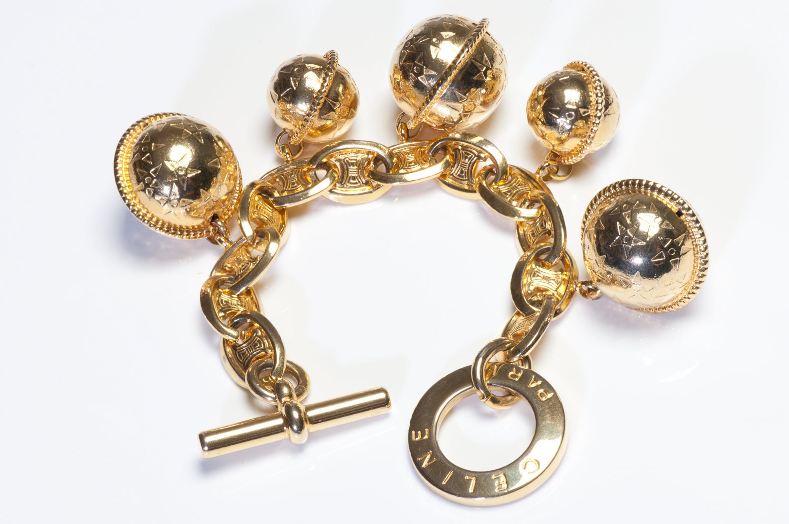 Vintage 1990 Celine Paris Gold Plated Triomphe Star Ball Charm Bracelet