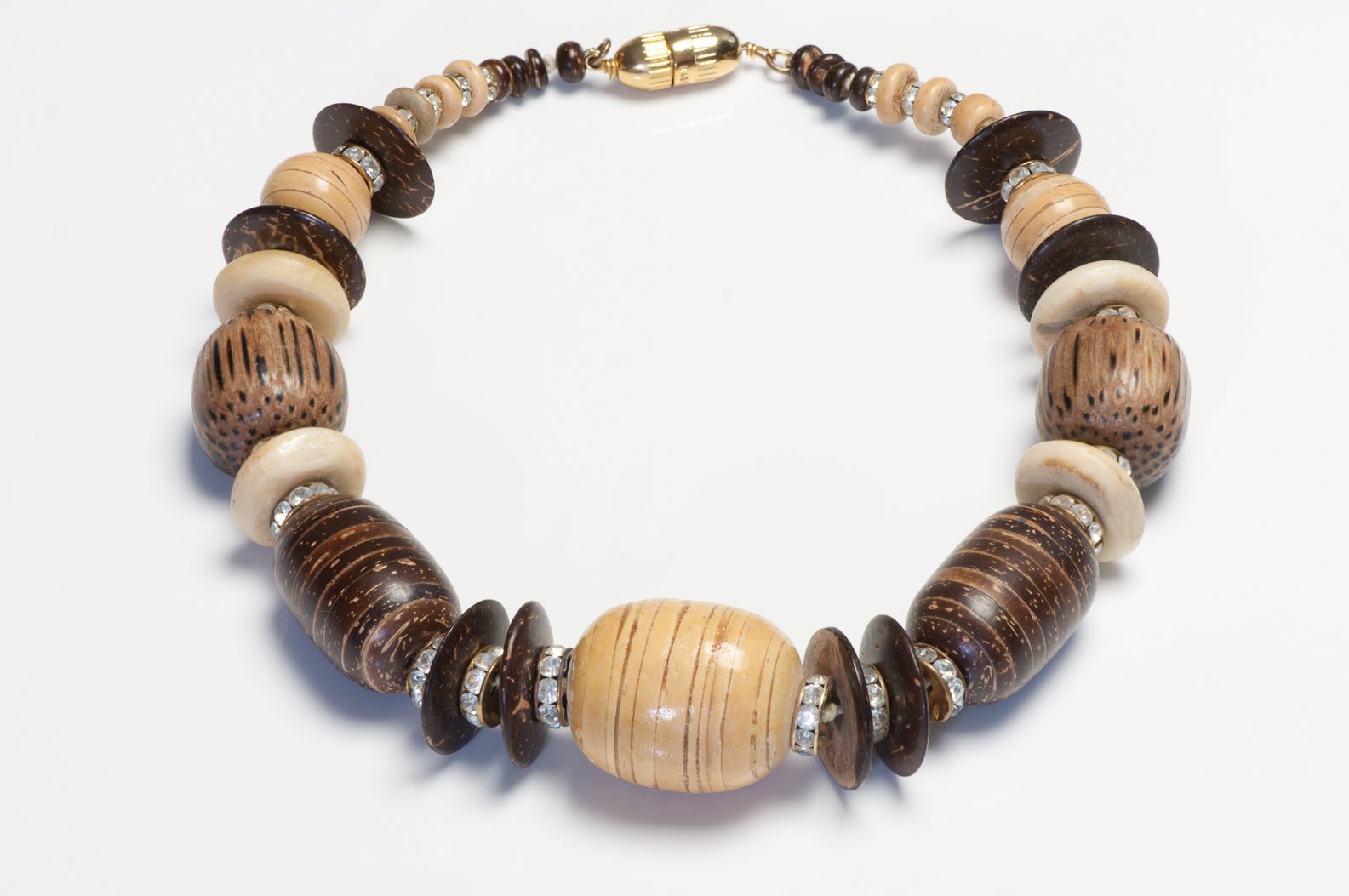 Vintage 1990’s Celine Paris Brown Beige Wood Beads Crystal Choker Necklace