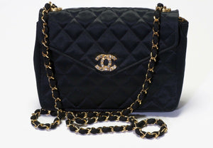 Vintage 1990’s CHANEL CC Black Quilted Satin Crystal Flap Crossbody Bag