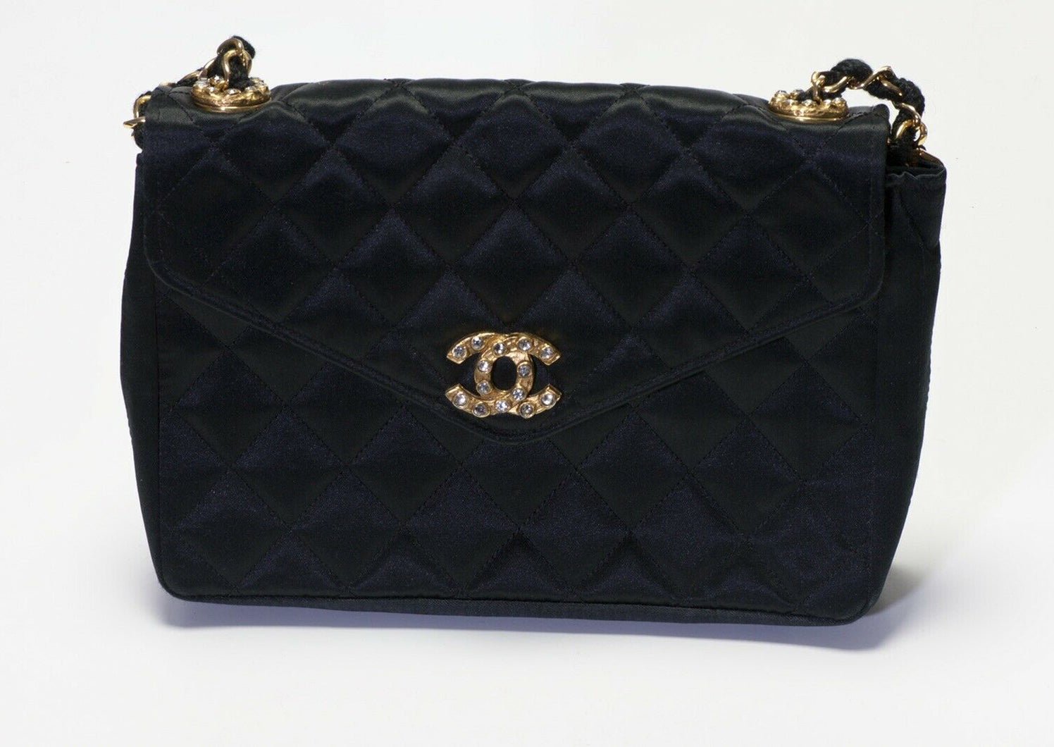 Vintage 1990’s CHANEL CC Black Quilted Satin Crystal Flap Crossbody Bag