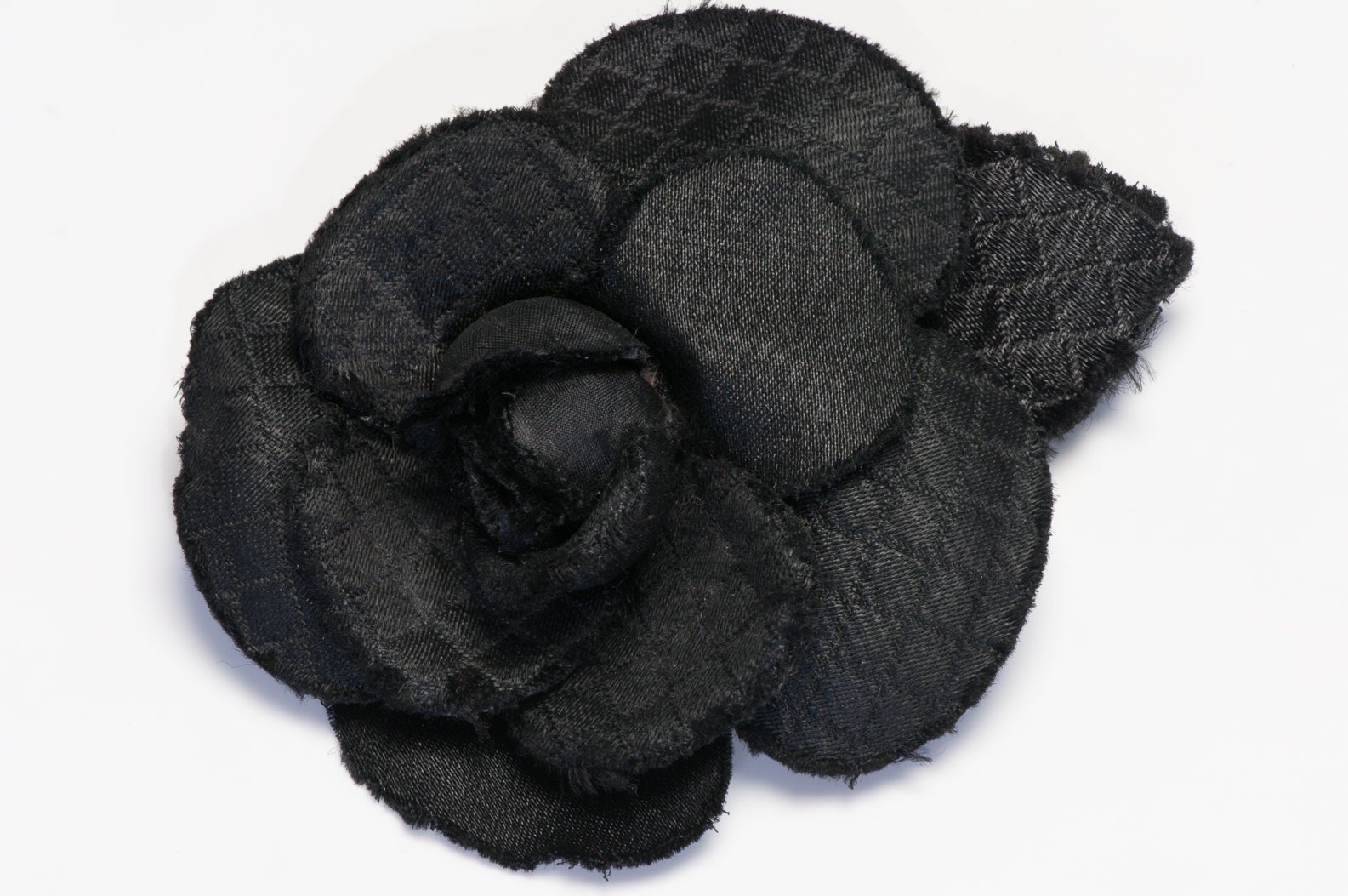 Vintage 1990’s Chanel Paris Black Quilted Fabric Camellia Flower Brooch