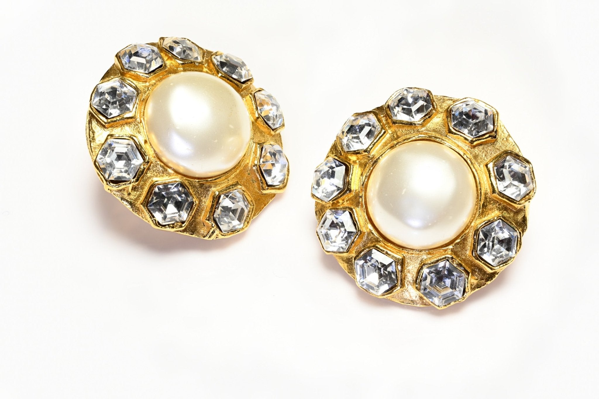 Vintage 1990’s Chanel Paris Gold Plated Diamanté Crystal Pearl Flower Earrings