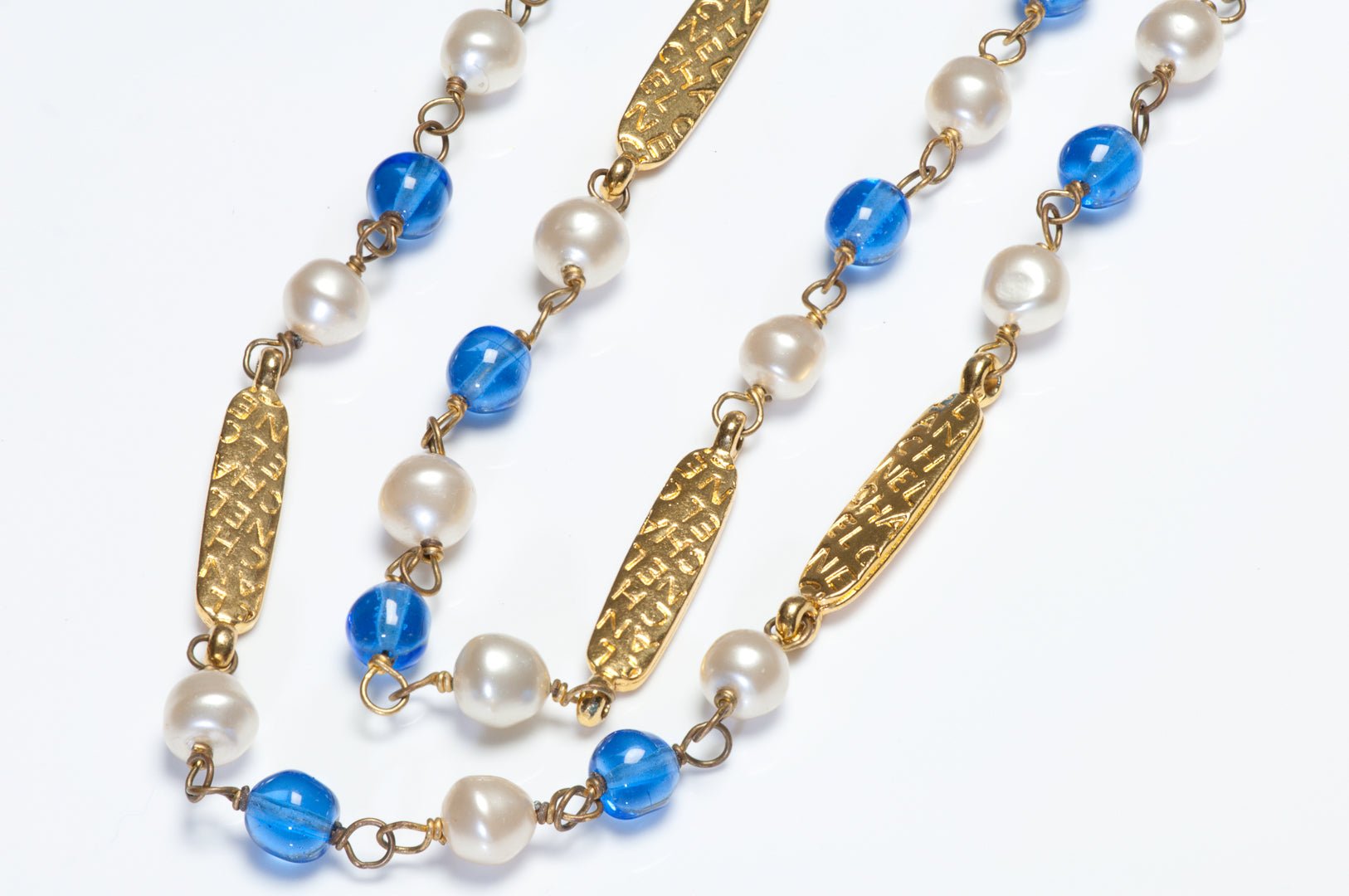 Vintage 1990's Chanel Paris Gripoix Blue Glass Pearl Letter Chain Sautoir Necklace
