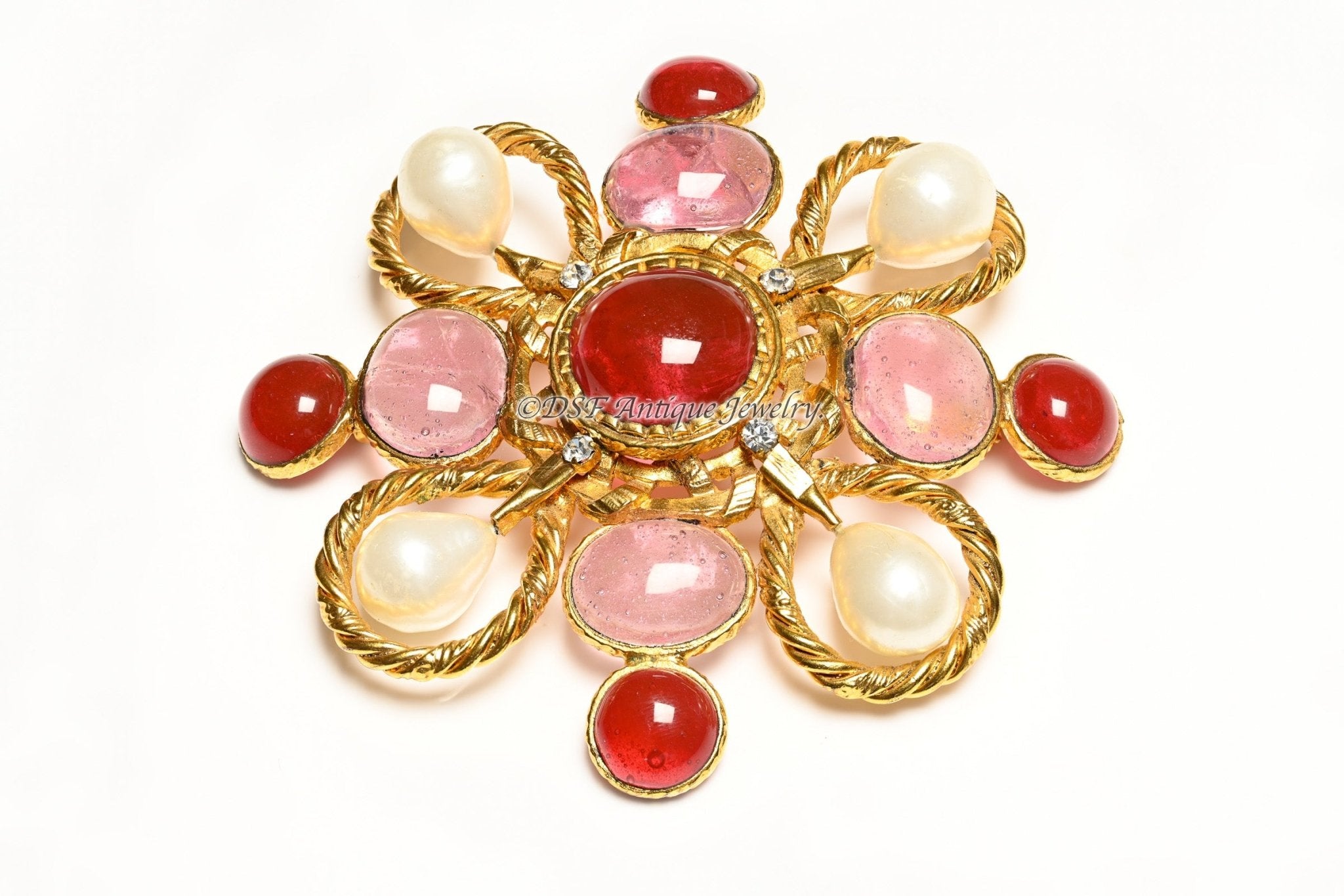 Vintage 1990's Chanel Paris Maison Gripoix Pink Red Glass Pearl Pendant Brooch