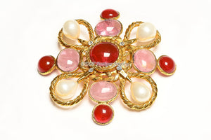 Vintage 1990's Chanel Paris Maison Gripoix Pink Red Glass Pearl Pendant Brooch
