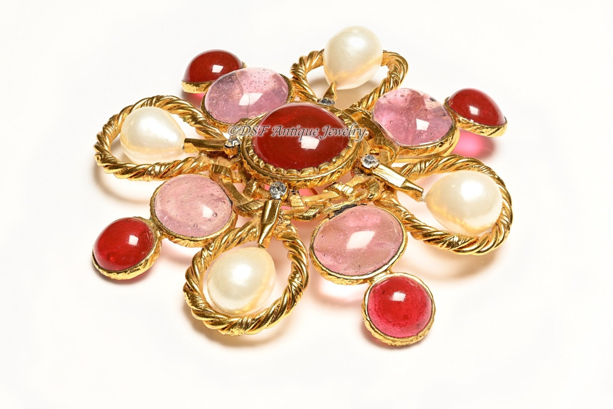 Vintage 1990's Chanel Paris Maison Gripoix Pink Red Glass Pearl Pendant Brooch