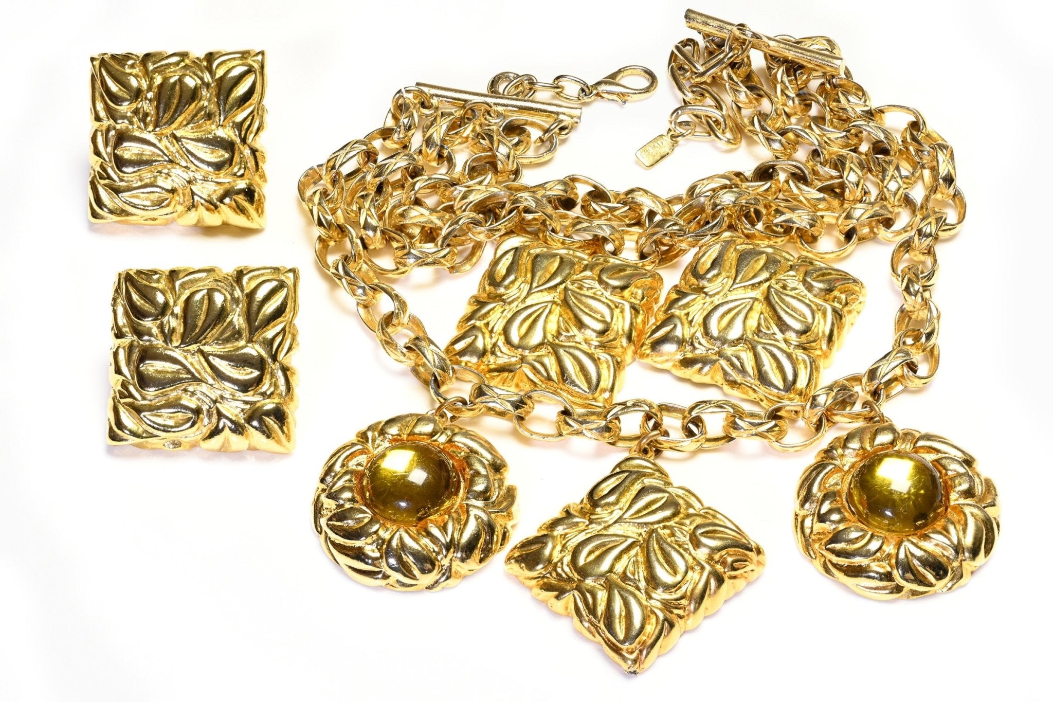 Vintage 1990’s Escada Yellow Cabochon Charm Chain Necklace Earrings Set