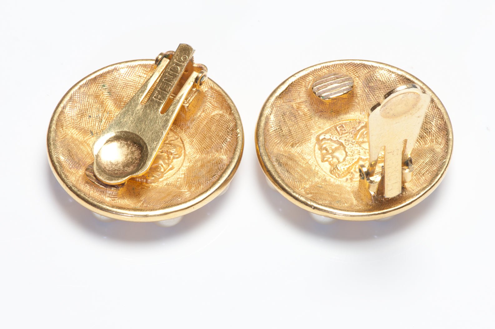 Vintage 1990’s Fendi Gold Plated Logo Pearl Coin Earrings