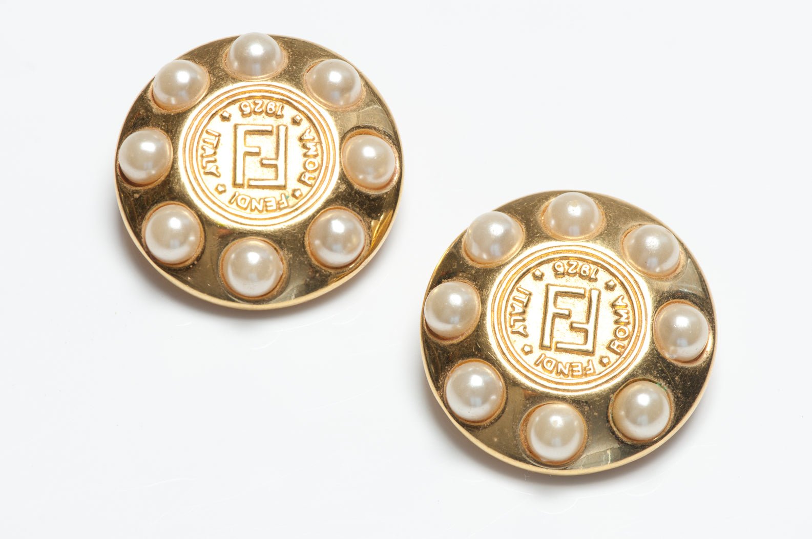 Vintage 1990’s Fendi Gold Plated Logo Pearl Coin Earrings