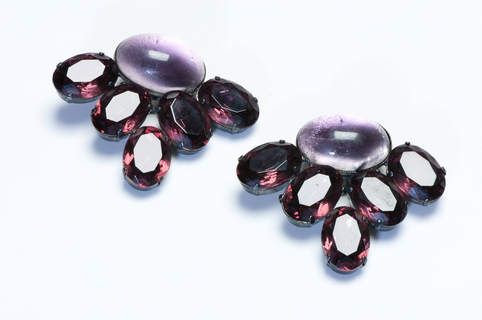 Vintage 1990’s French Large Purple Crystal Cabochon Fan Earrings