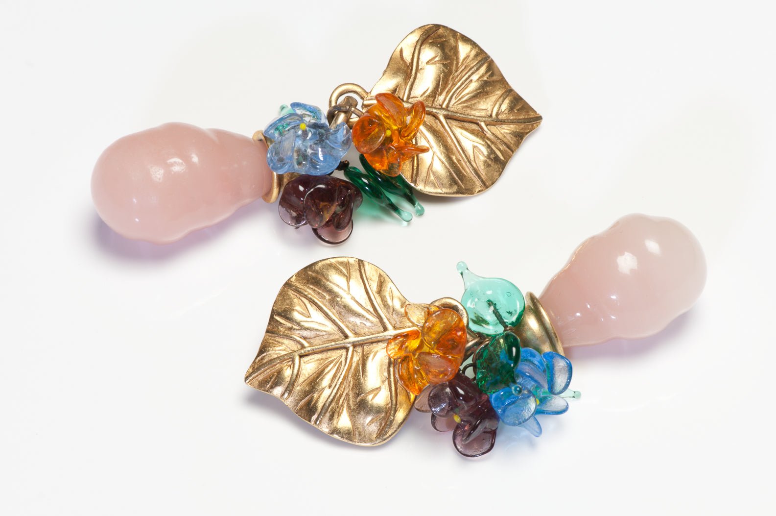 Vintage 1990’s Long Blue Green Pink Poured Glass Flower Leaf Earrings