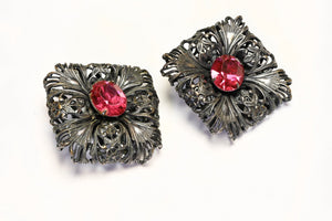 Vintage 1990’s Pink Crystal Filigree Square Earrings