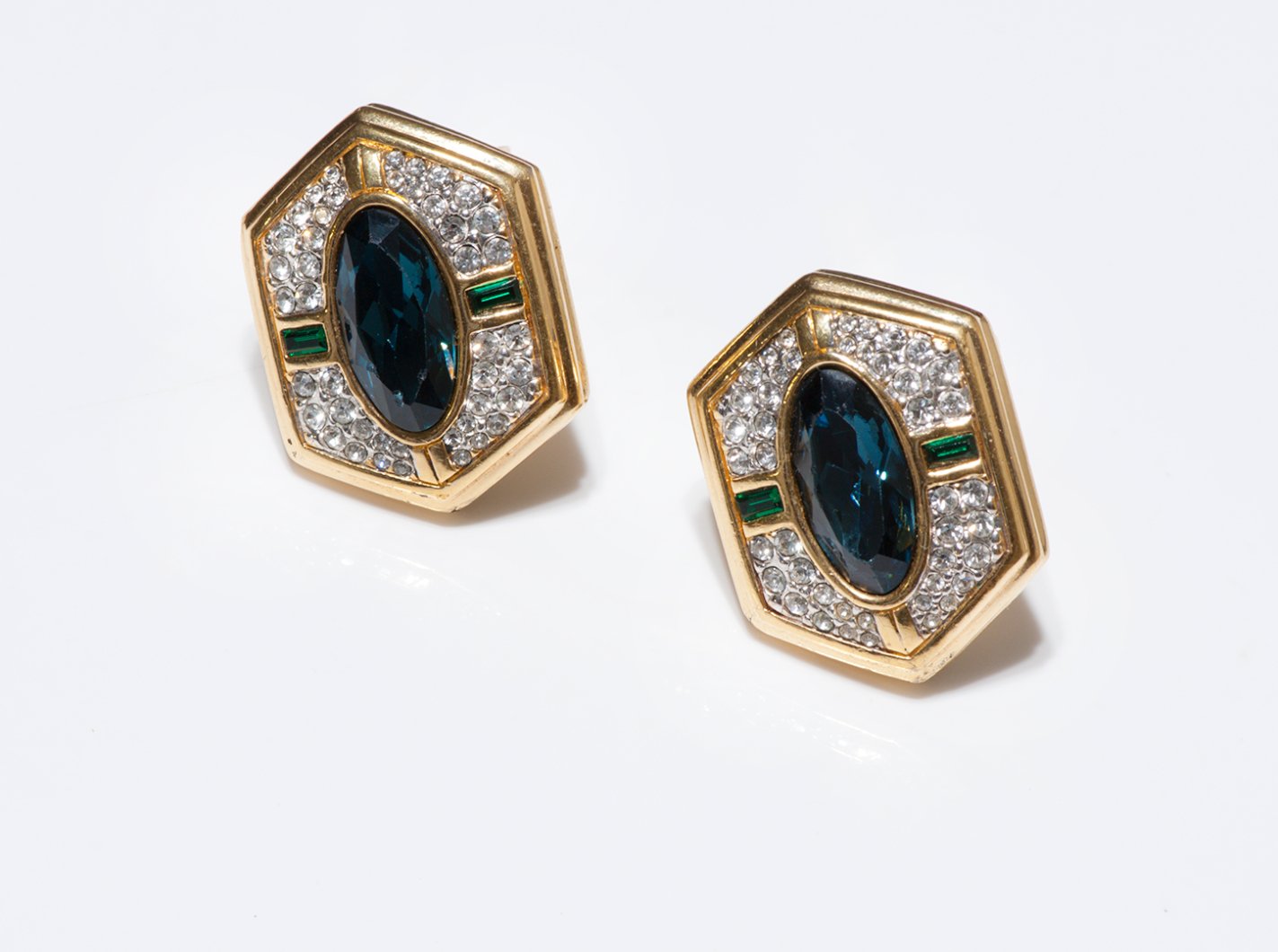 Vintage 1990's Swarovski Gold Plated Blue Green Crystal Earrings