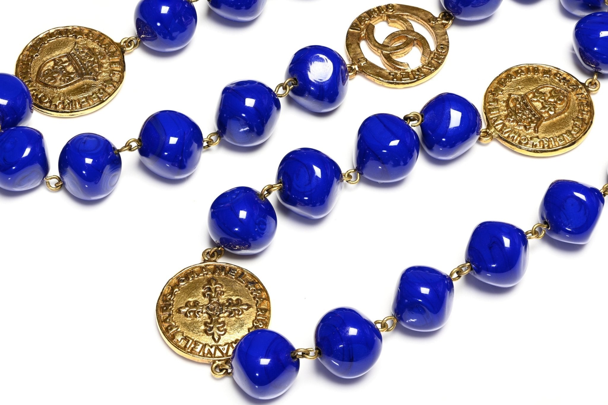 Vintage 1991 Chanel Maison Gripoix Blue Glass Beads CC Coin Medallion Sautoir Necklace