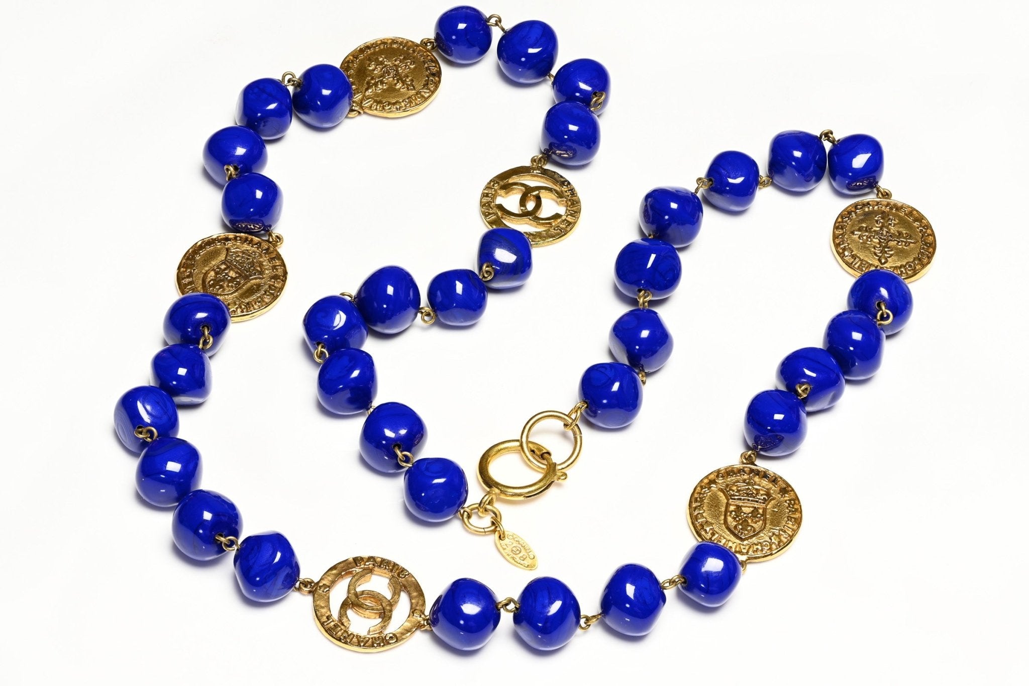 Vintage 1991 Chanel Maison Gripoix Blue Glass Beads CC Coin Medallion Sautoir Necklace