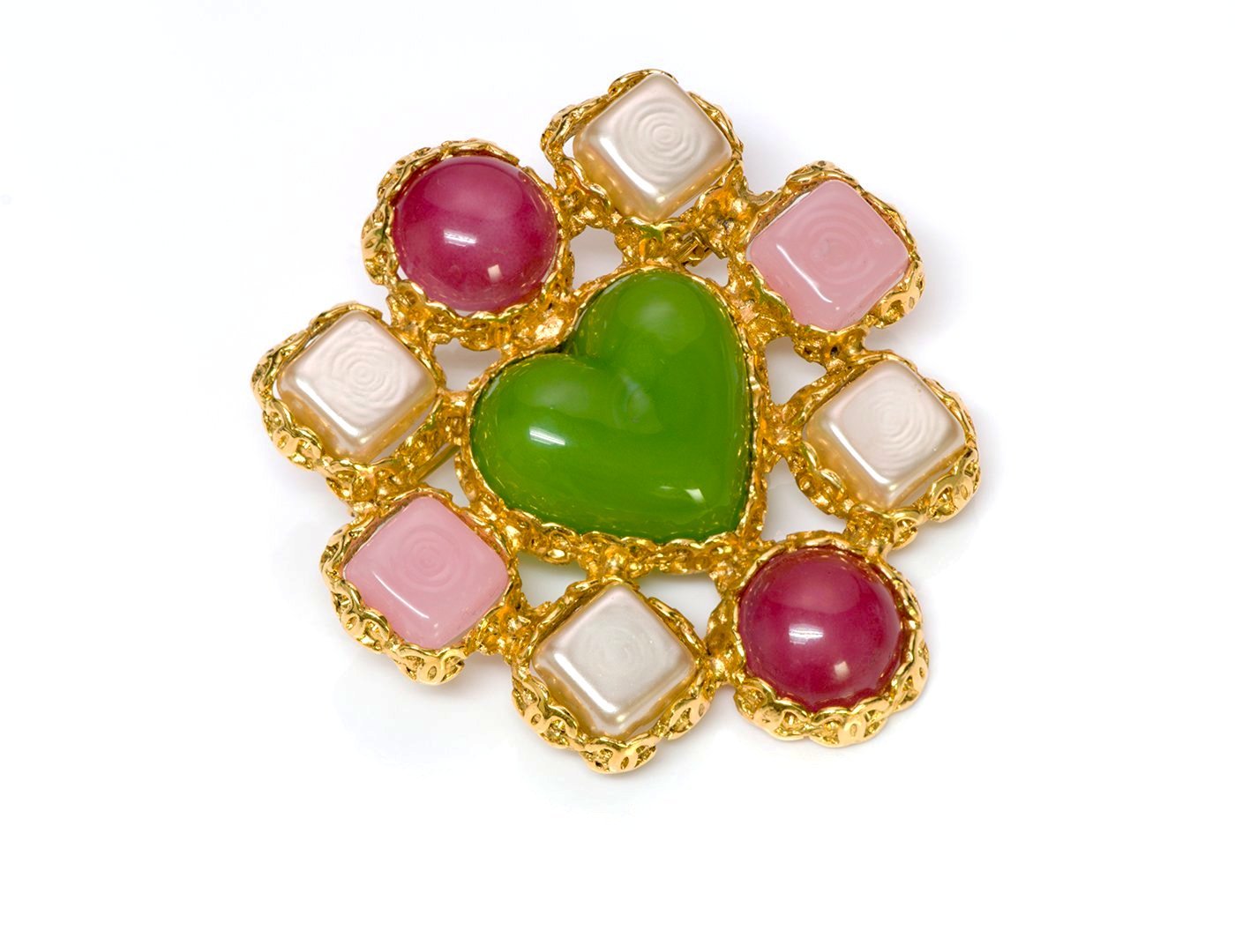 Vintage 1991 Chanel Paris Maison Gripoix CC Green Pink Heart Glass Pearl Brooch