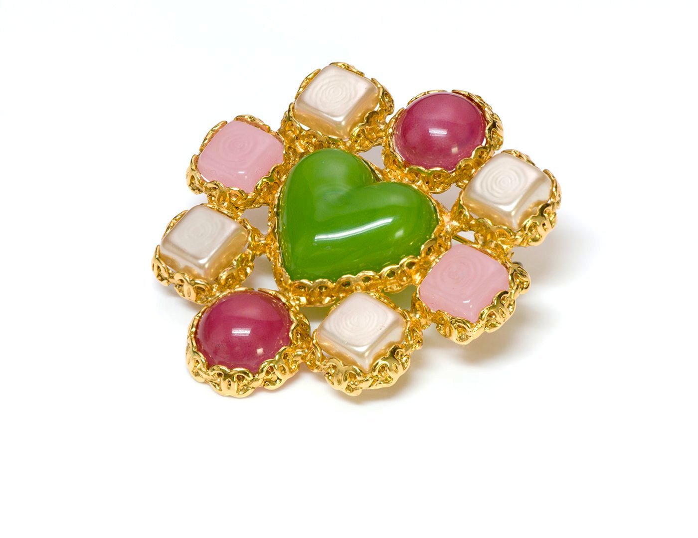 Vintage 1991 Chanel Paris Maison Gripoix CC Green Pink Heart Glass Pearl Brooch