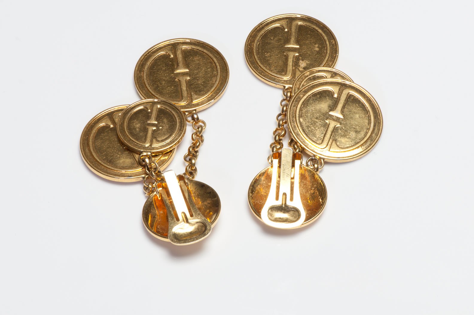 Vintage 1991 Gucci Long Gold Plated Logo Medallion Tassel Earrings