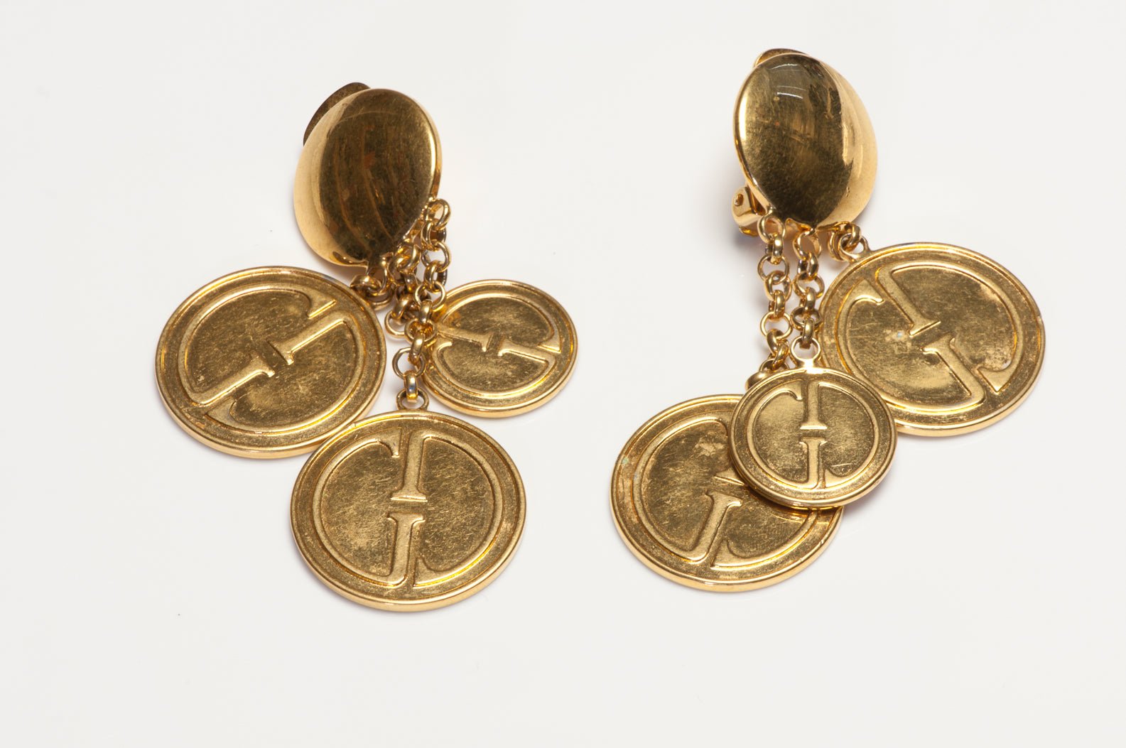 Vintage 1991 Gucci Long Gold Plated Logo Medallion Tassel Earrings