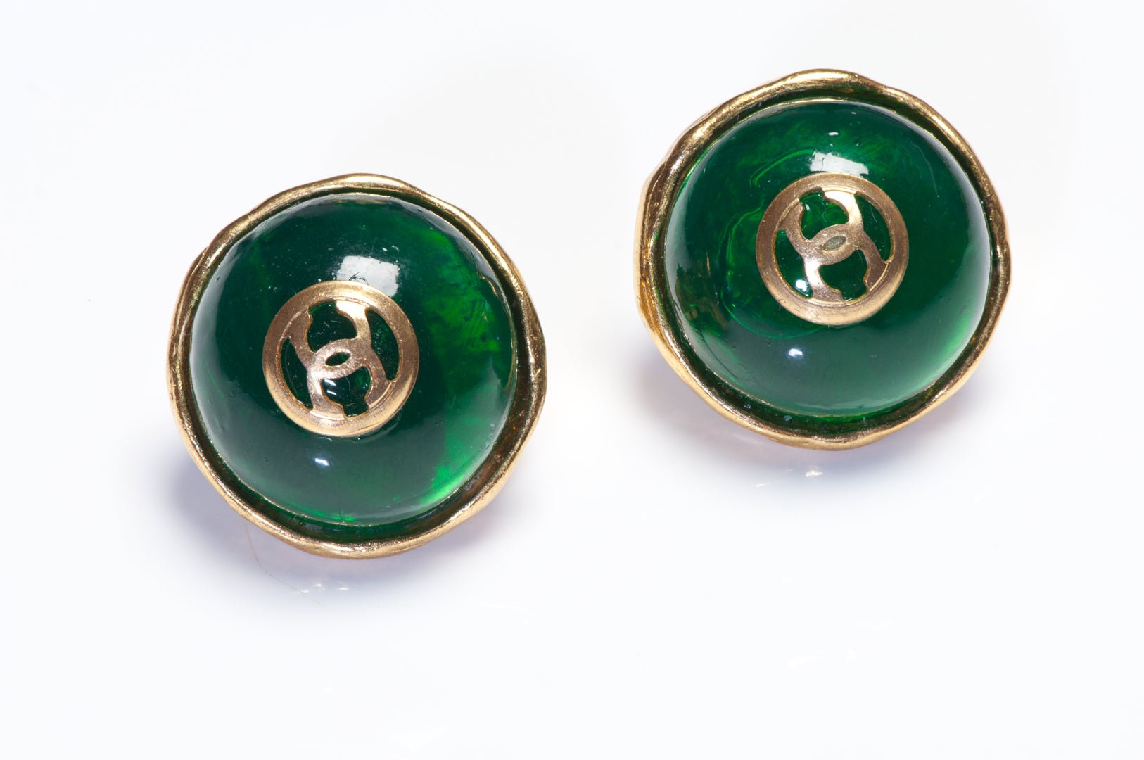 Vintage 1992 Chanel Paris Maison Gripoix Green Glass CC Earrings