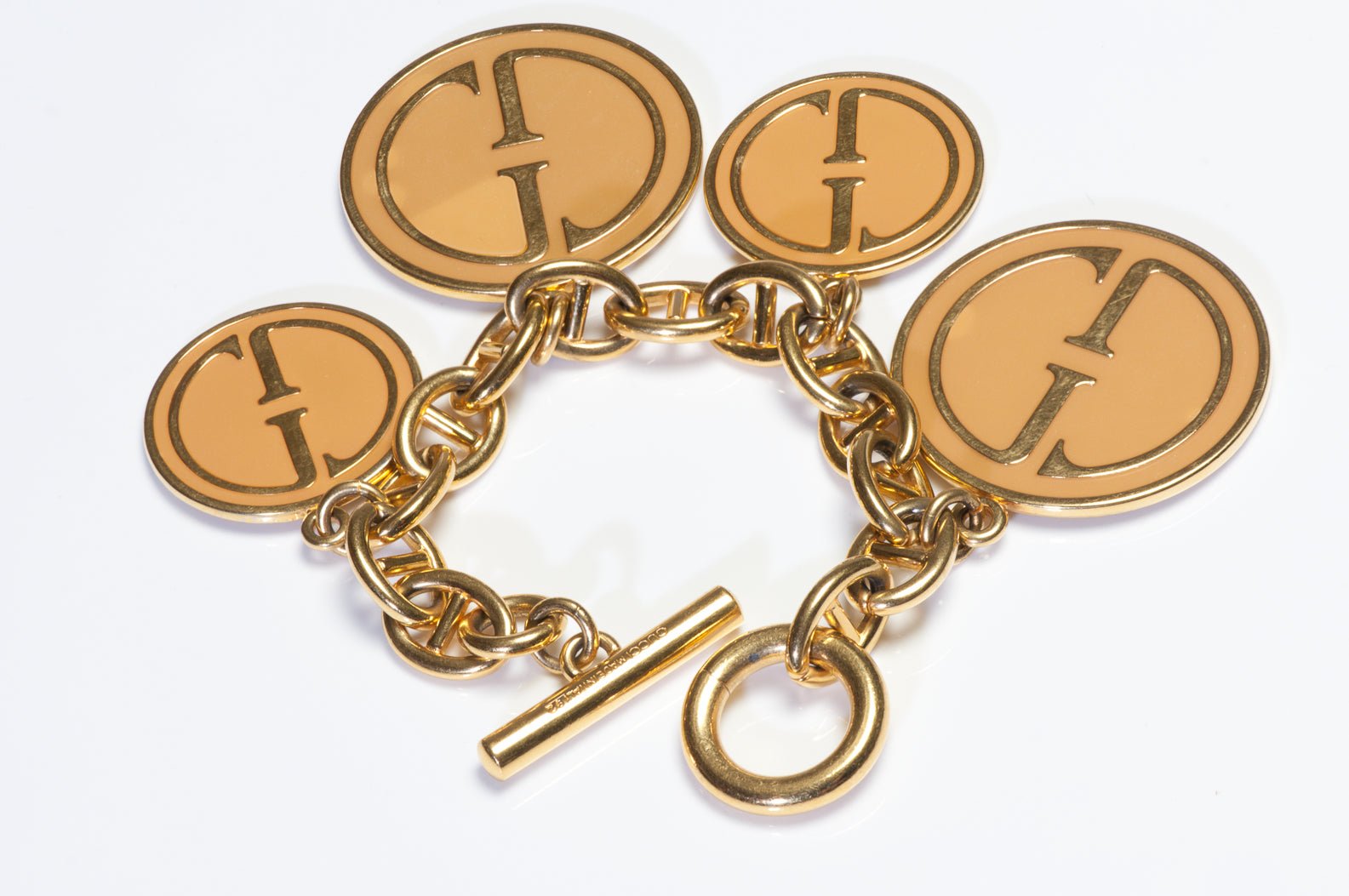 Vintage 1992 Gucci Gold Plated Enamel GG Coin Medallion Charm Bracelet