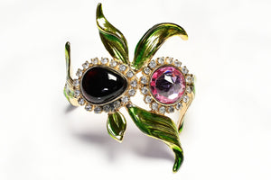 Vintage 2004 Yves Saint Laurent Tom Ford Green Enamel Pink Crystal Orchid Bracelet