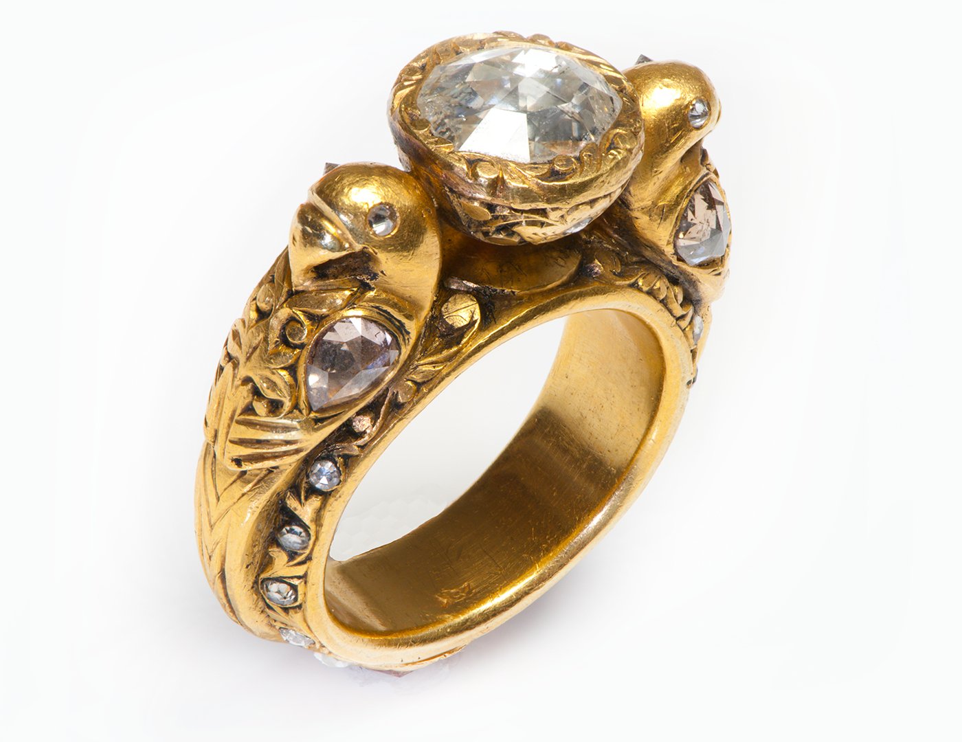 Vintage 23K Carved Gold Rose Diamond Figural Men’s Ring